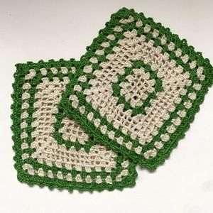 Vintage Green Off White Crocheted 50s Trivets Coasters Hot Plate Handmade Cotton
